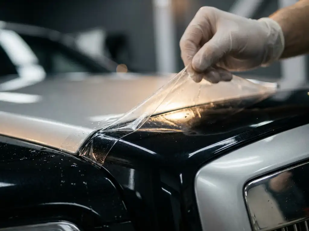 Transparante PPF-folie die nauwkeurig op de rand van een glanzende autoMotorkap wordt aangebracht, studiobelichting benadrukt de textuur.