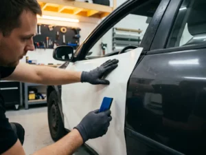 Technicus brengt parelwitte vinylwrap aan op portier van tweedehands auto in professionele werkplaats.