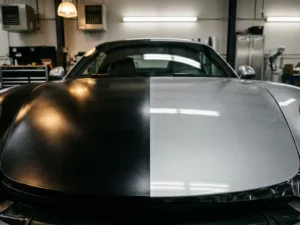 Sportswagenkap half beplakt met glanzende gekleurde vinylwrap, andere helft met transparante PPF-folie die originele lak toont, in professionele werkplaats.