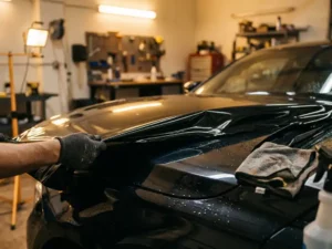 Gehandschoende hand die vinylwrap-folie aanbrengt op glanzende zwarte motorkap, met microvezeldoek en waterdruppels op de carrosserie.