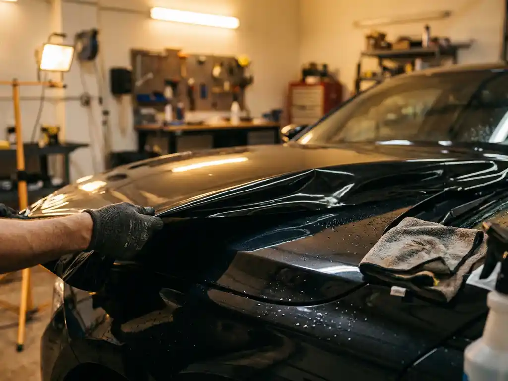 Gehandschoende hand die vinylwrap-folie aanbrengt op glanzende zwarte motorkap, met microvezeldoek en waterdruppels op de carrosserie.