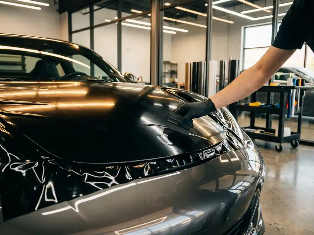 Professionele installateur strijkt zwarte vinylwrap glad over glanzende sportauto motorkap in moderne werkplaats.