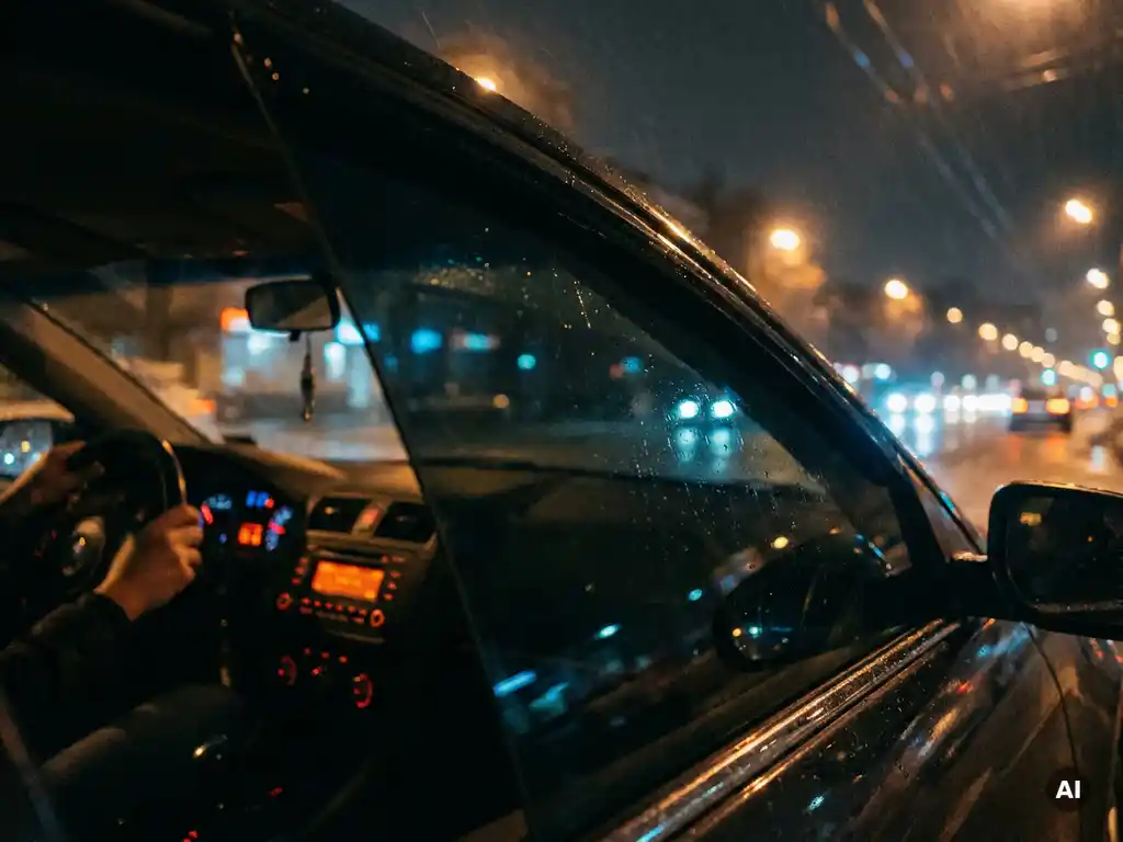 Donker getint autoraam 's nachts, met warm dashboardlicht en wazige amber straatlantaarns buiten.