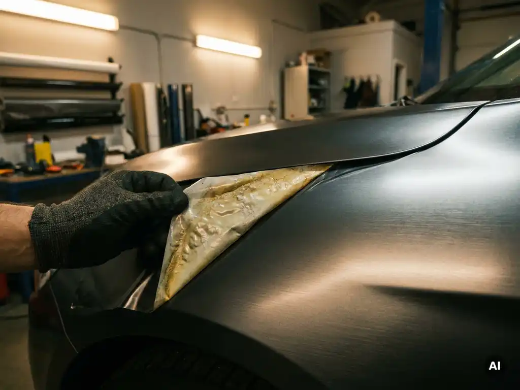 Handschoen pelt premium vinylwrap terug, onthult gebubbelde en verkleurde goedkope folie op autocarrosserie in werkplaats.