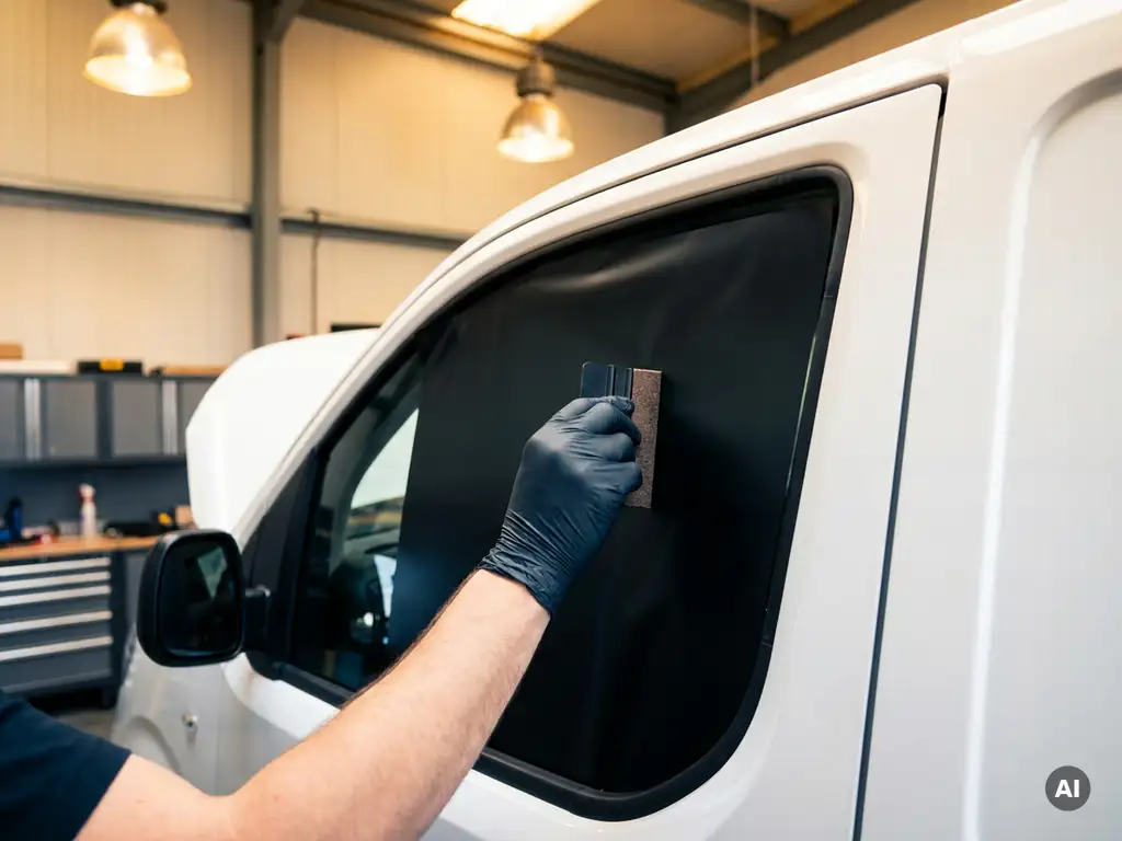 Installateur brengt matte zwarte privacyfolie aan op zijraam van witte bestelwagen in professionele werkplaats.