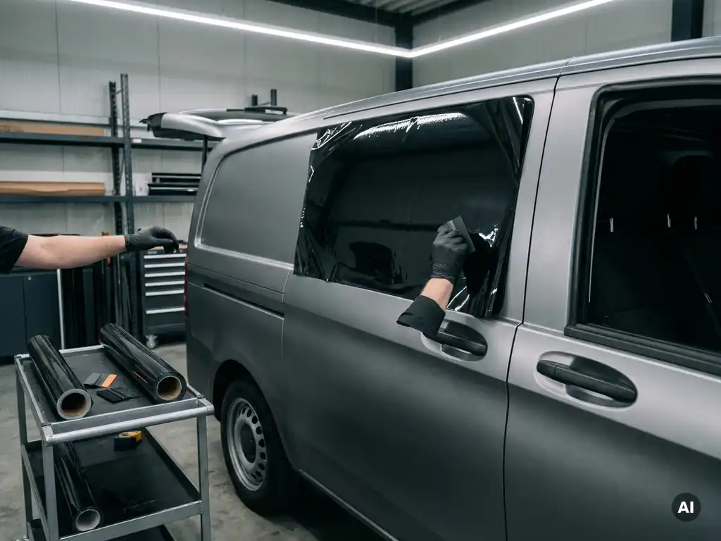 Gloved hand applying charcoal window tinting film to a commercial van inside a professional auto workshop, with rolls of dark film nearby.